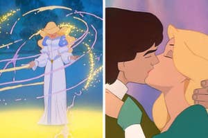 Left: Odette transforming from a swan into a human; Right: Odette kissing Derek