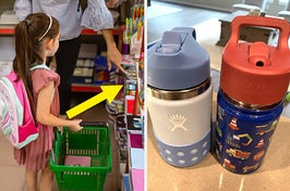 A kid shopping for school supplies; two water bottles