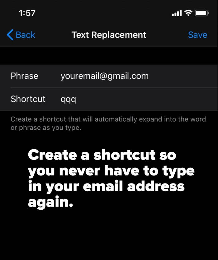 Text: Create a shortcut so you never have to type in your email address again