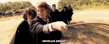 the Marauders walking up a hill and laughing say snivellus greasy james has his wand out