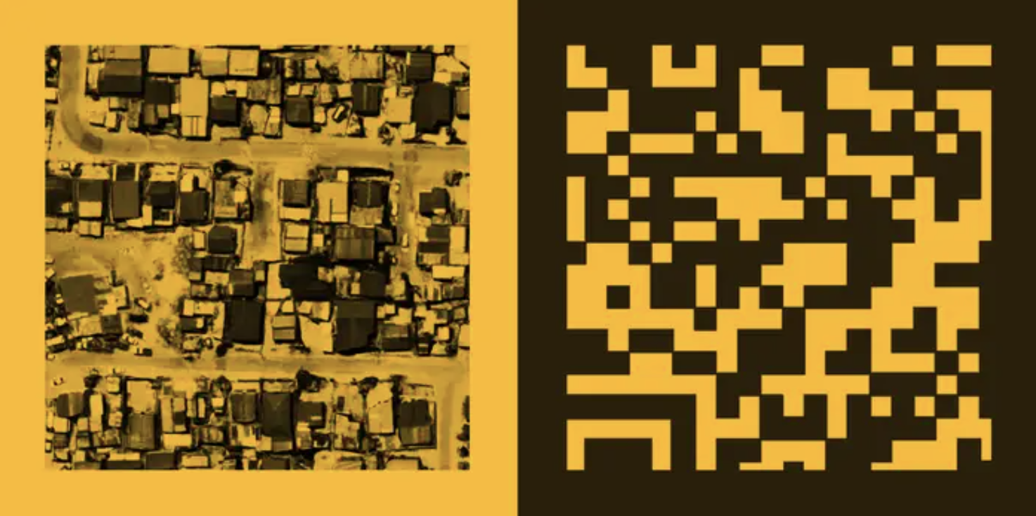 on the left: an aerial view of cape town informal settlements. on the right: a qr code