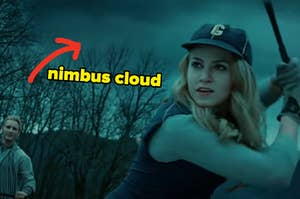 Rosalie from Twilight standing outside with a baseball bat in her hands as a storm forms overhead with an arrow pointing to a cloud and nimbus cloud typed underneath it