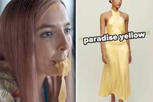 Villanelle from Killing Eve eating pasta, and on the right, someone wearing a dress labeled paradise yellow