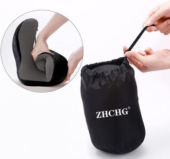 Model folding travel pillow into carry pouch