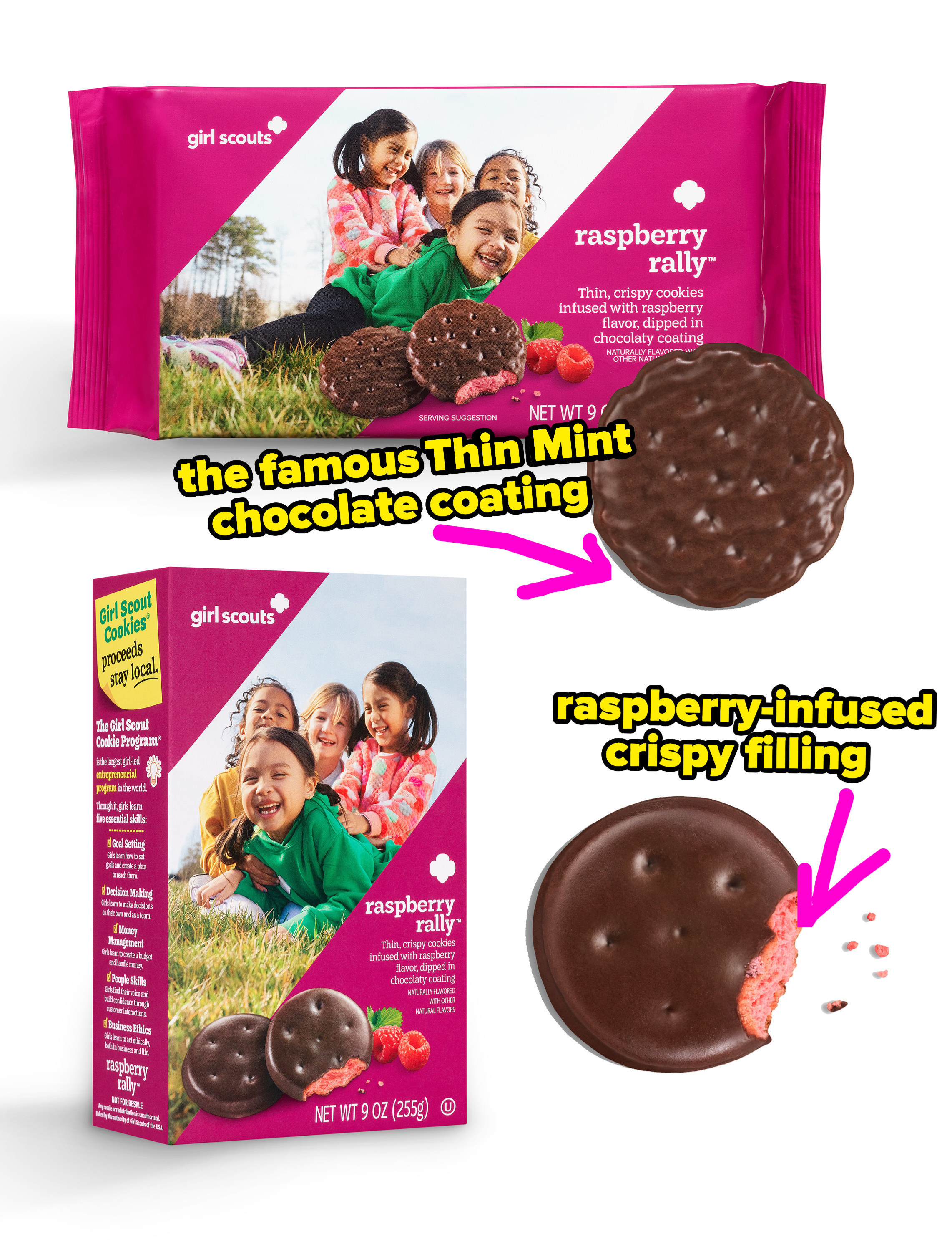 girl scout cookies packaging showing the slight differences between the two versions of the new cookie; one is smoother, while the other has more texture