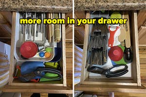 open silverware drawer, then the same silverware drawer with tons of space