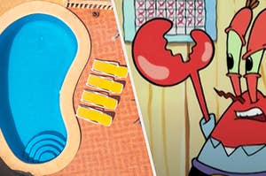 An aerial view of a pool is on the left with Mr Krabs on the right