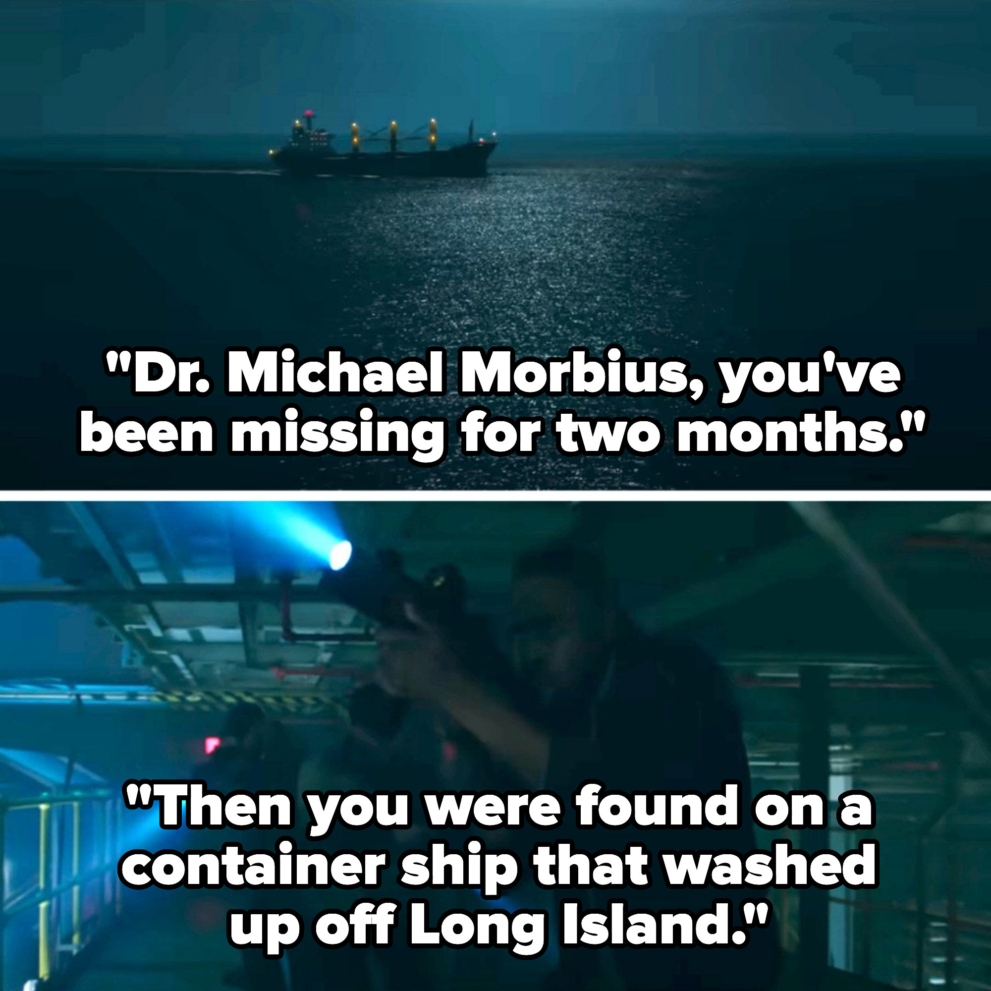 &quot;Then you were found on a container ship that washed up off Long Island.&quot;