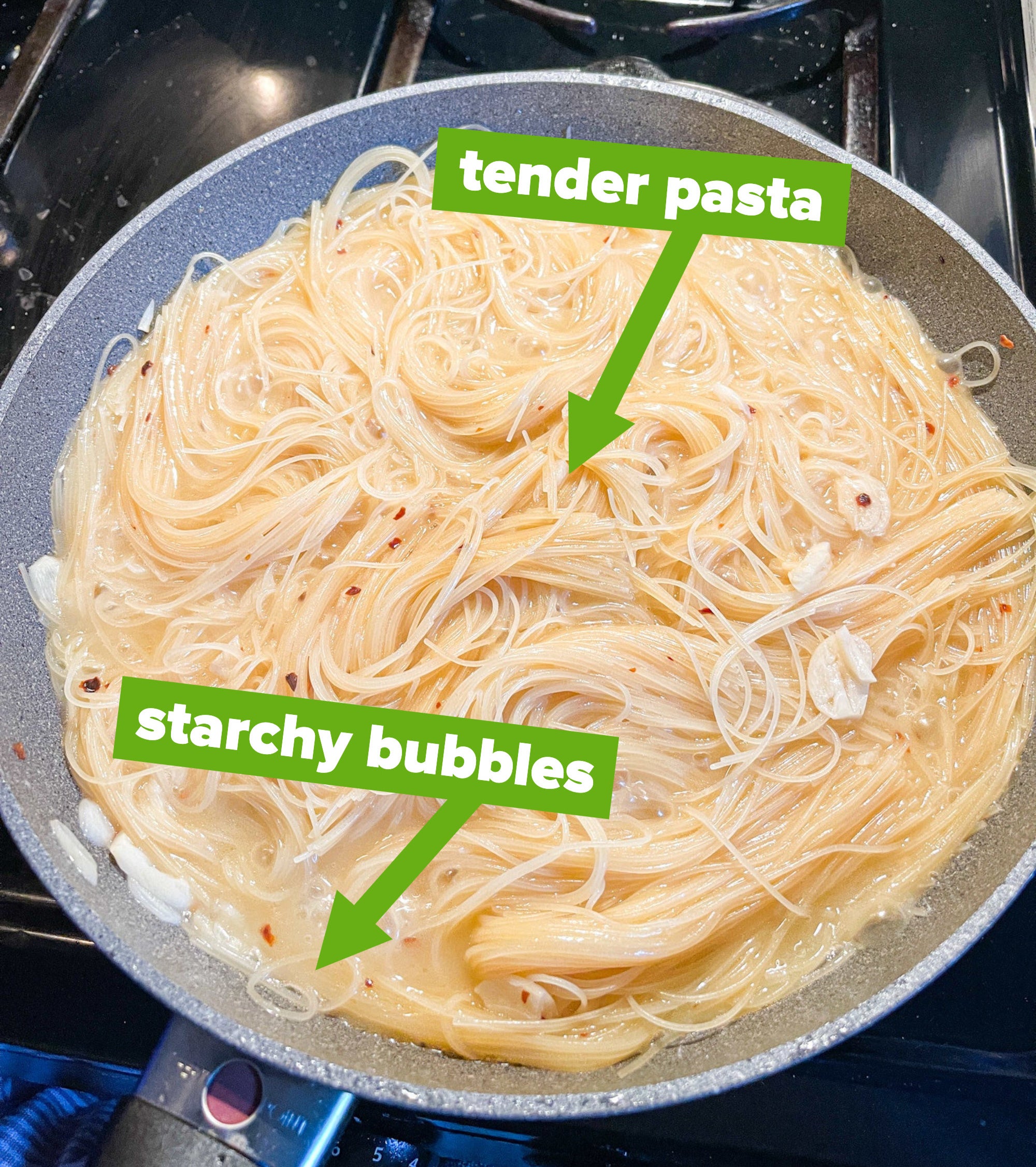 Pasta in pan with captions with arrows to &quot;starchy bubbles&quot; and &quot;tender pasta&quot;