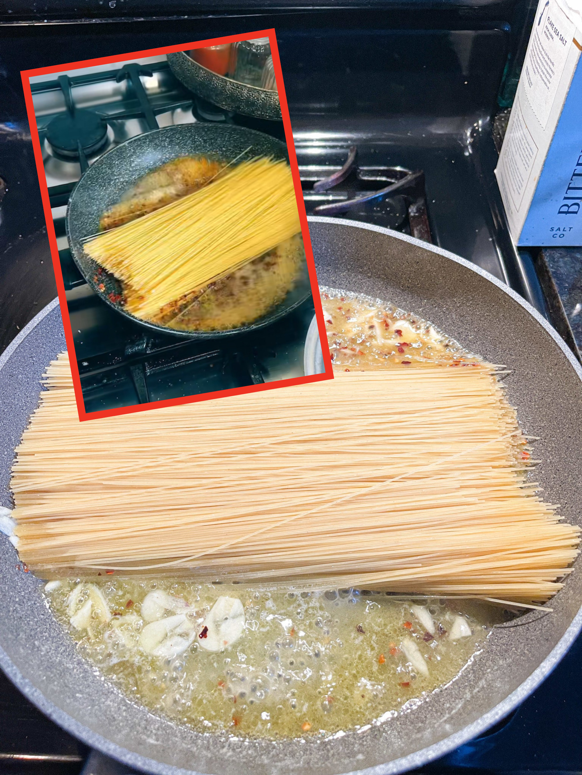 Pasta in the pan with other ingredients