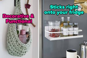 L: a knit basket hanging on the wall filled with cosmetics and text reading "Decorative & Functional", R: a magnetic shelf with spices on it and a text reading "Sticks right onto your fridge"