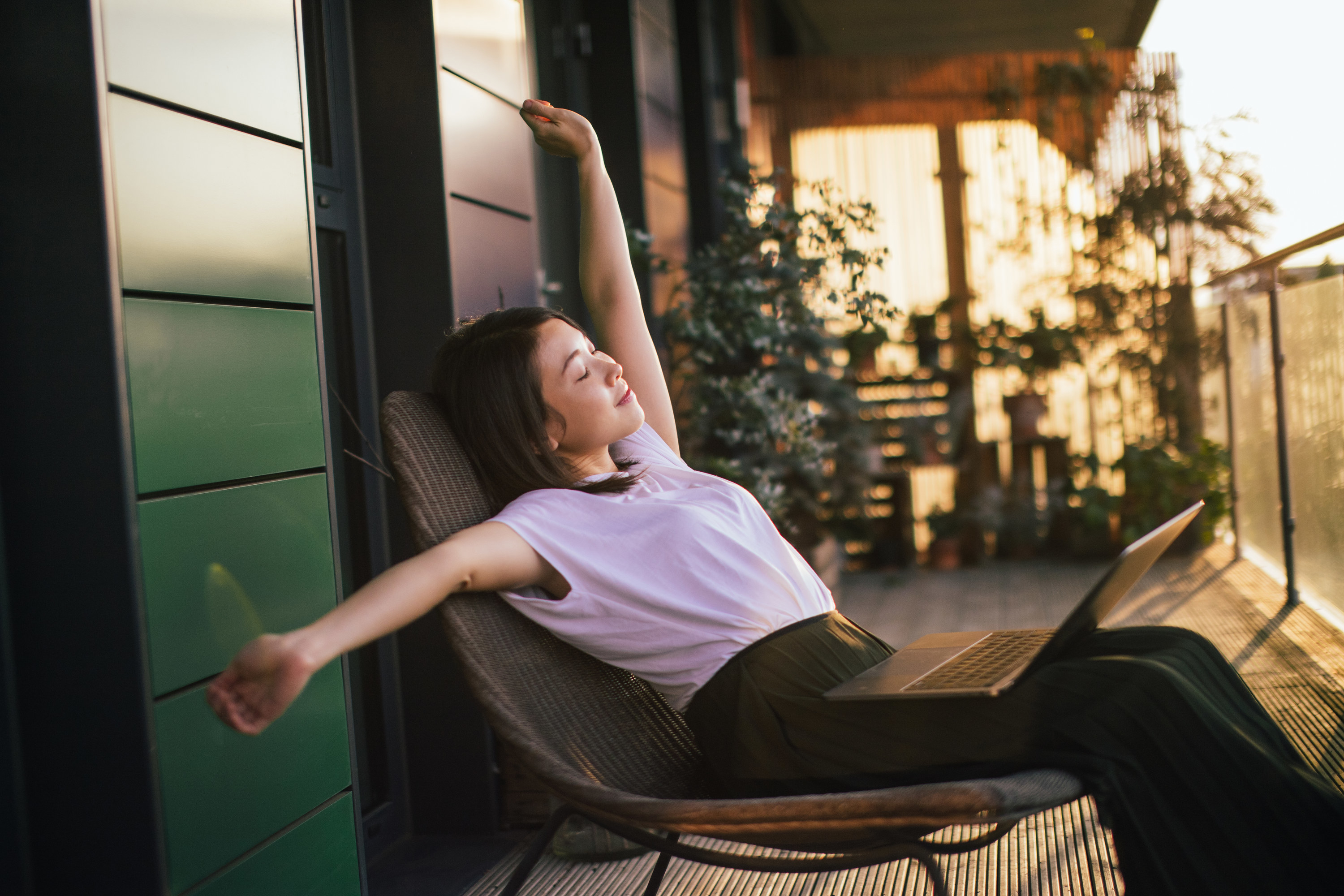 woman stretching on her break