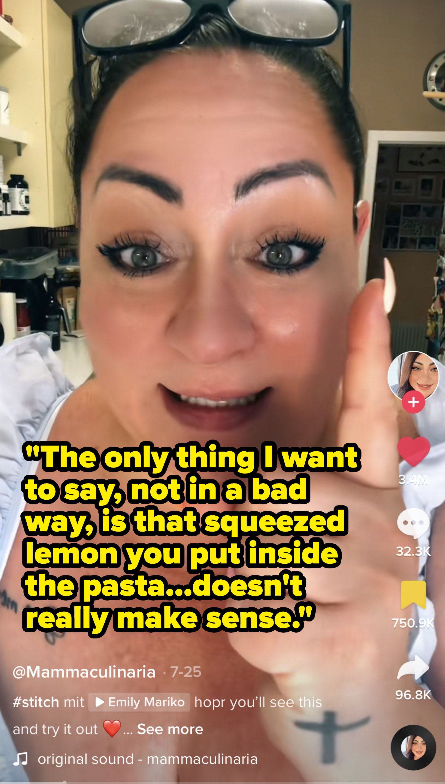 Woman saying that the squeezed lemon put inside the pasta doesn&#x27;t really make sense