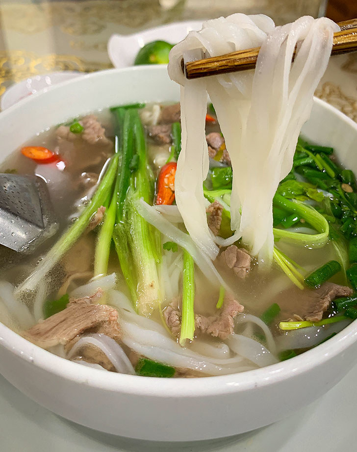 Beef and rice noodle soup.
