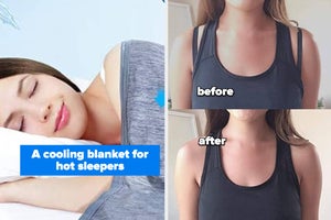 left image: person before and after using bra strap holder underneath tank top, right image: cooling blanket