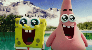 Gif of SpongeBob and Patrick laughing against different backgrounds