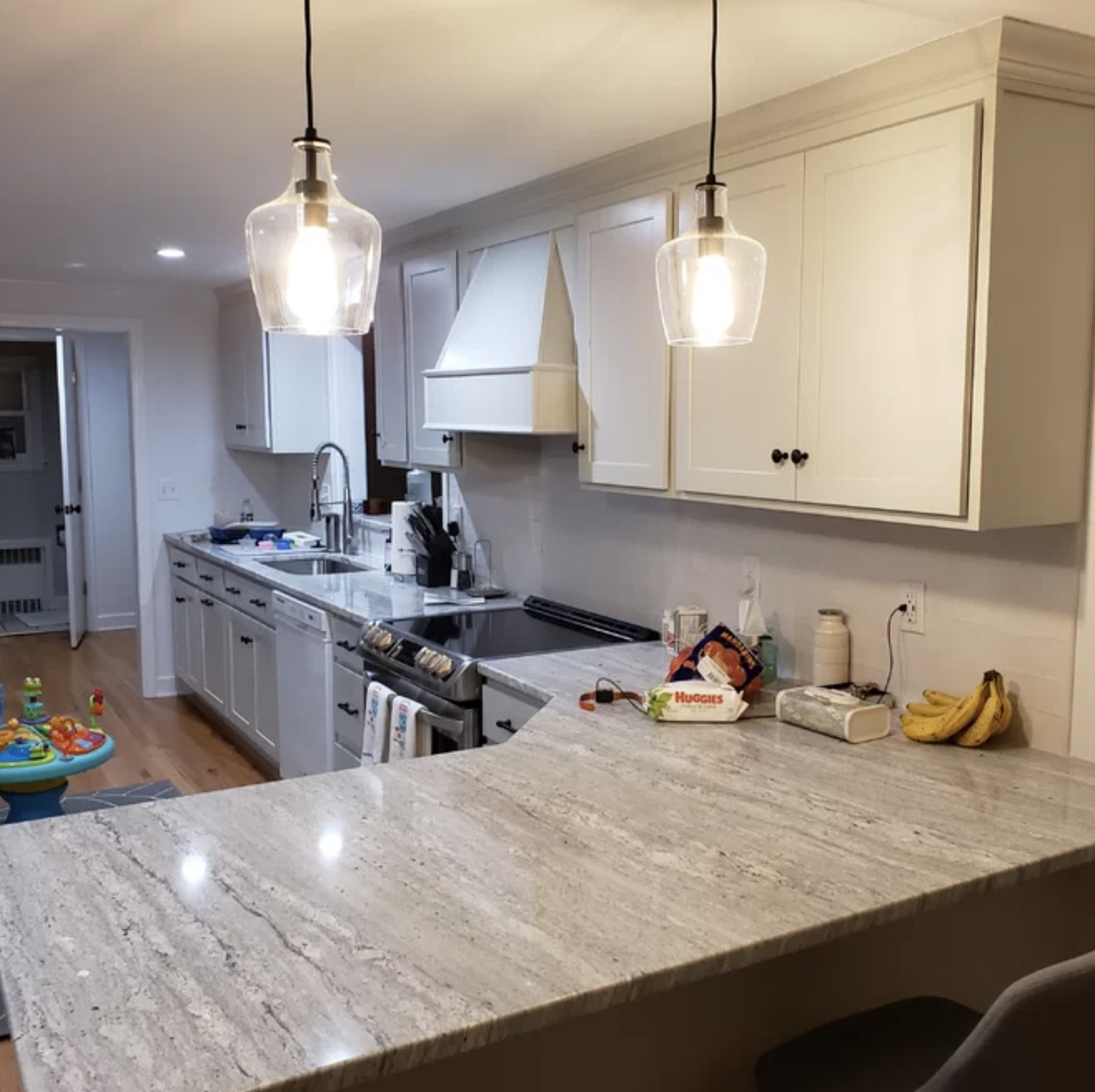 The pendant light hangs in a reviewer&#x27;s kitchen
