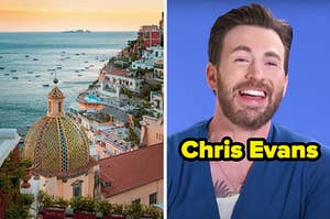 On the left, the sea near Italy at sunset, and on the right, Chris Evans laughing