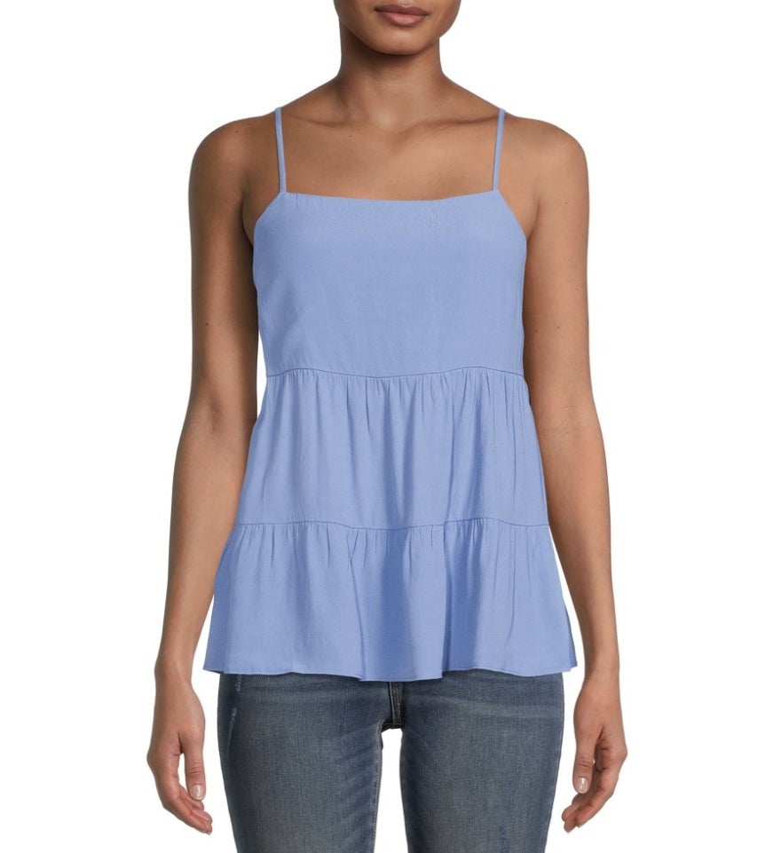 A blue tiered tank top