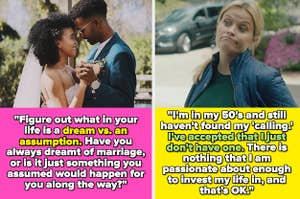 A married couple with text about figuring out if marriage is a dream or an assumption, and Reese Witherspoon shrugging with text about a woman in her 50s realizing she doesn't have a calling, and that that's OK  