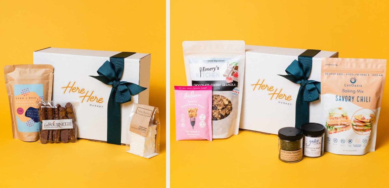 Two images of the Here Here subscription boxes