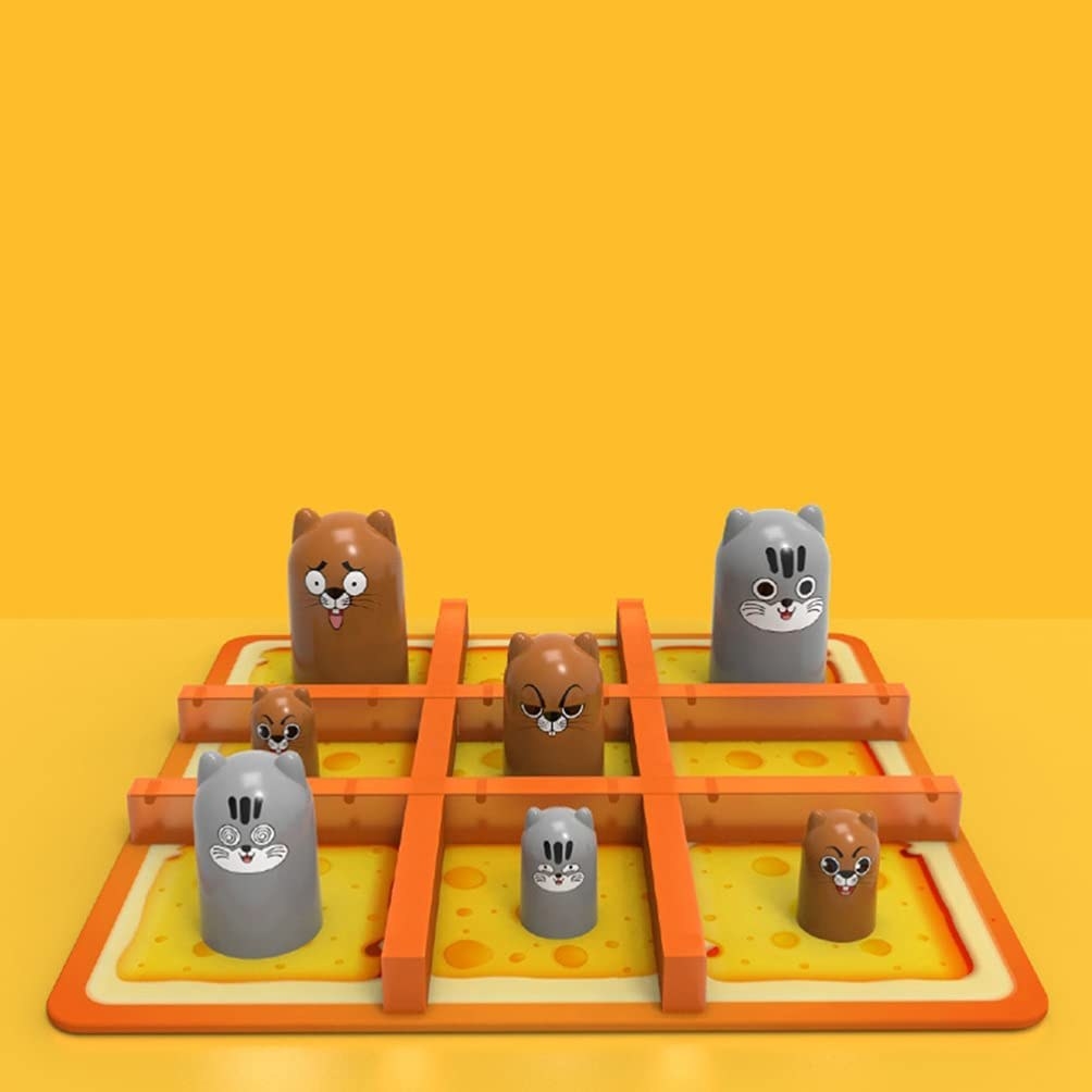 tic tac toe board that looks like cheese with eared tube-like characters in different sizes