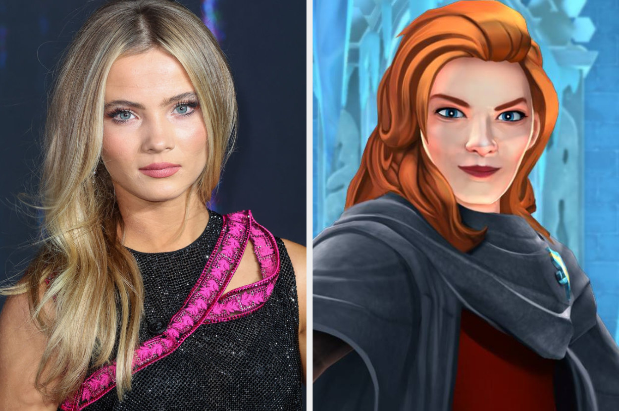 Freya Allan side by side with a picture of Patricia Rakepick from a harry potter video game