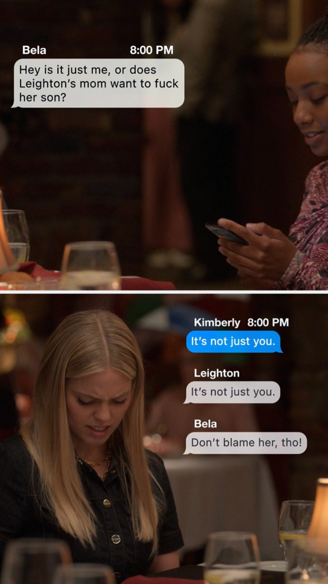 screenshot of group text from season 1 episode 6 of Sex Lives of College Girls, &quot;Parents&#x27; Weekend&quot;