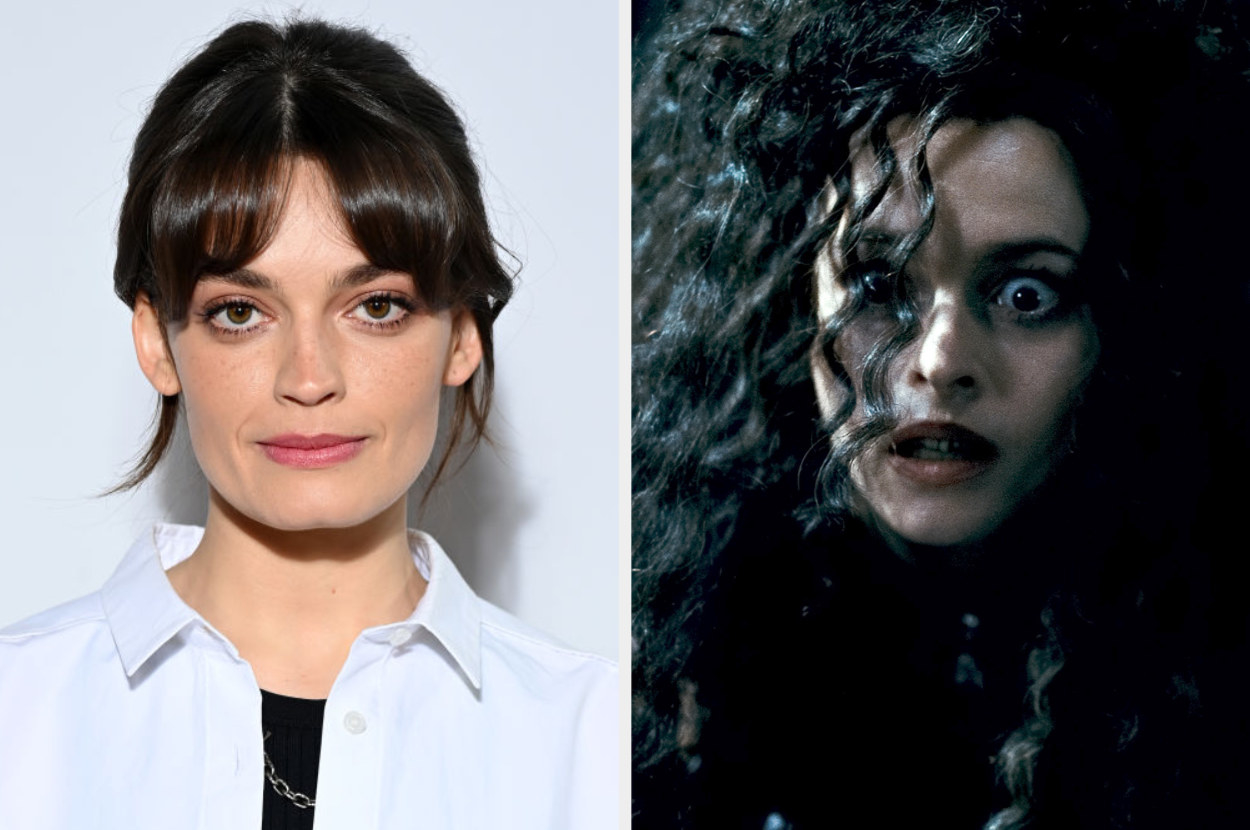 Emma Mackey side by side with a picture of Bellatrix lestrange from the harry potter movies