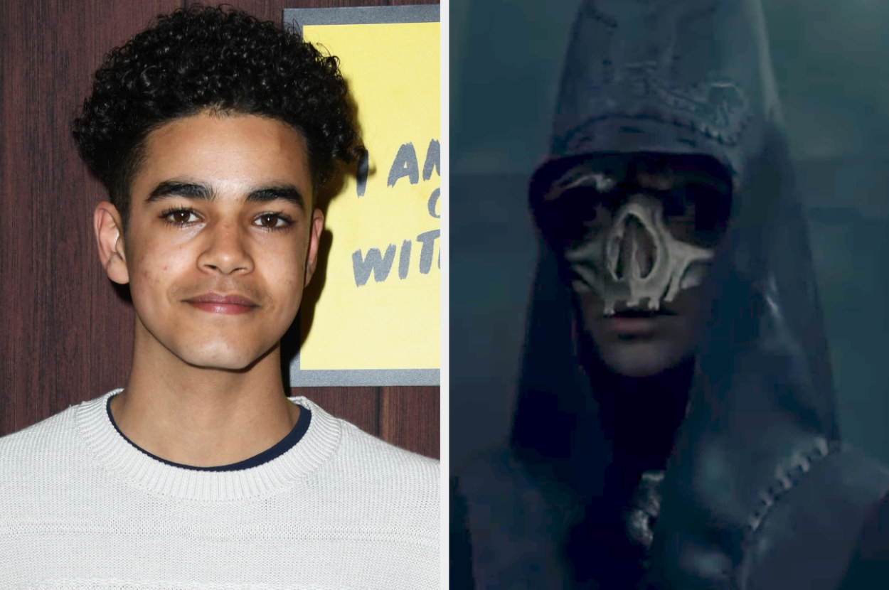 Amir Wilson side by side with a picture of  a random death eater from the harry potter movies