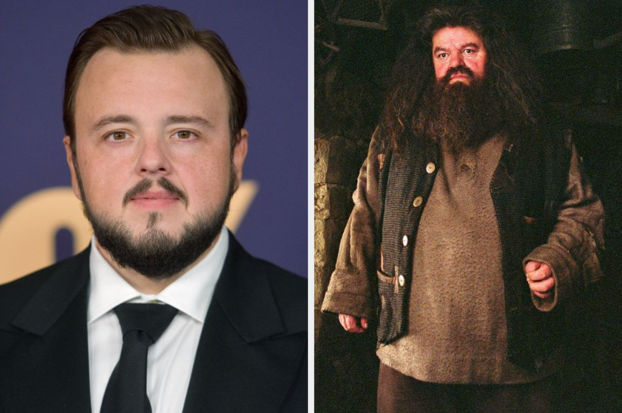 John Bradley side by side with a picture of Hagrid from the harry potter movies