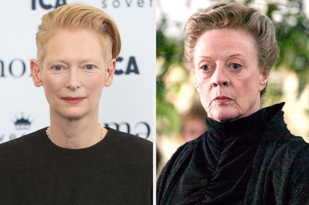 Tilda Swinton side by side with a picture of Minerva McGonagall from the harry potter movies