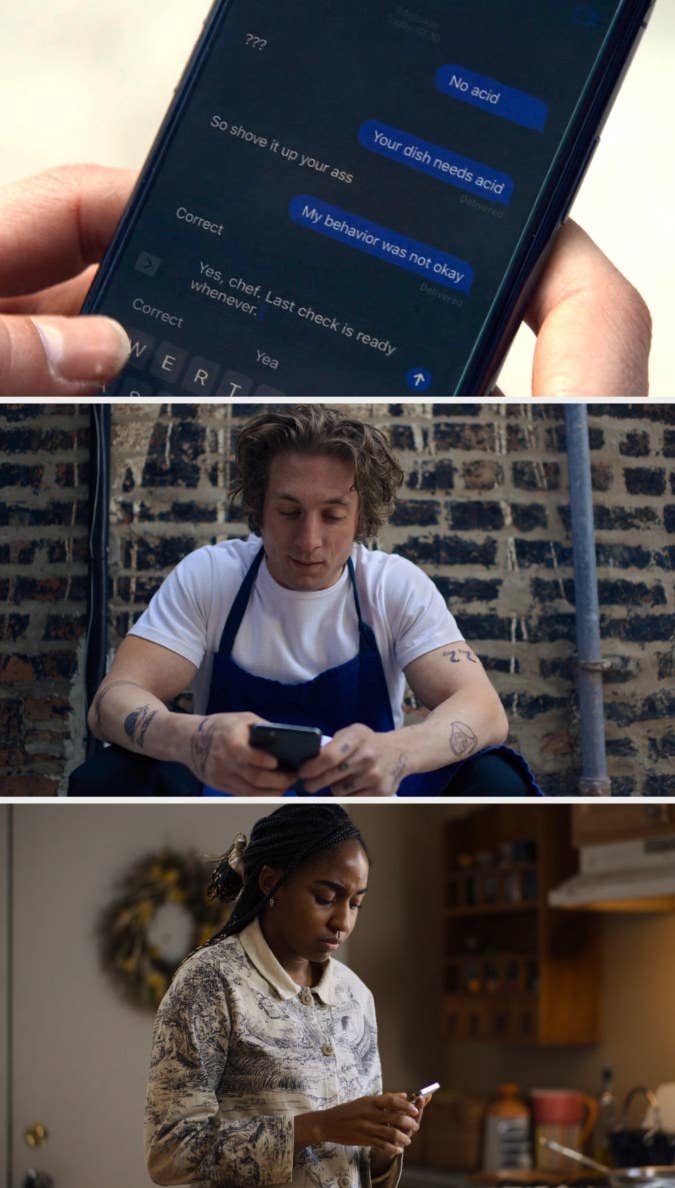 screenshots from season 1, episode 8 of The Bear, of a text, Jeremy Allen White, Ayo Edebiri texting