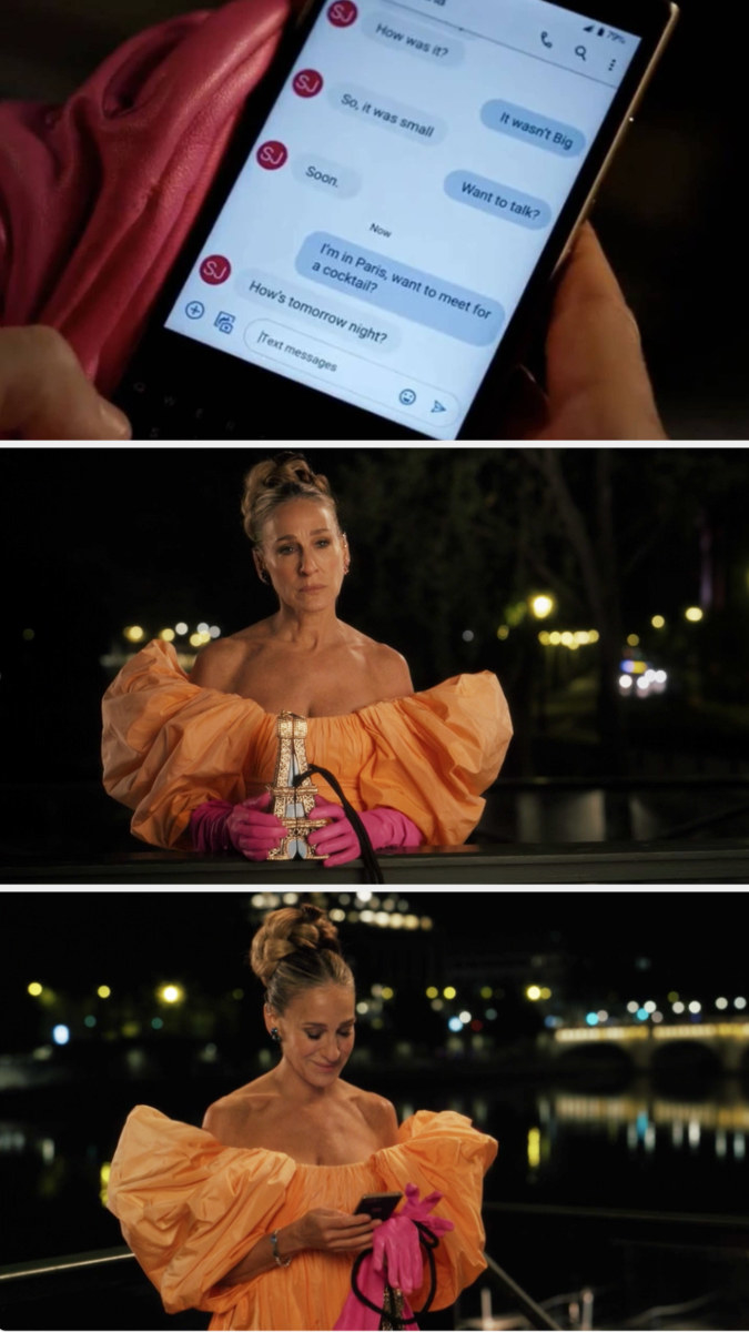 screenshots from season 1 of &quot;And Just Like That&quot;, featuring Sarah Jessica Parker texting