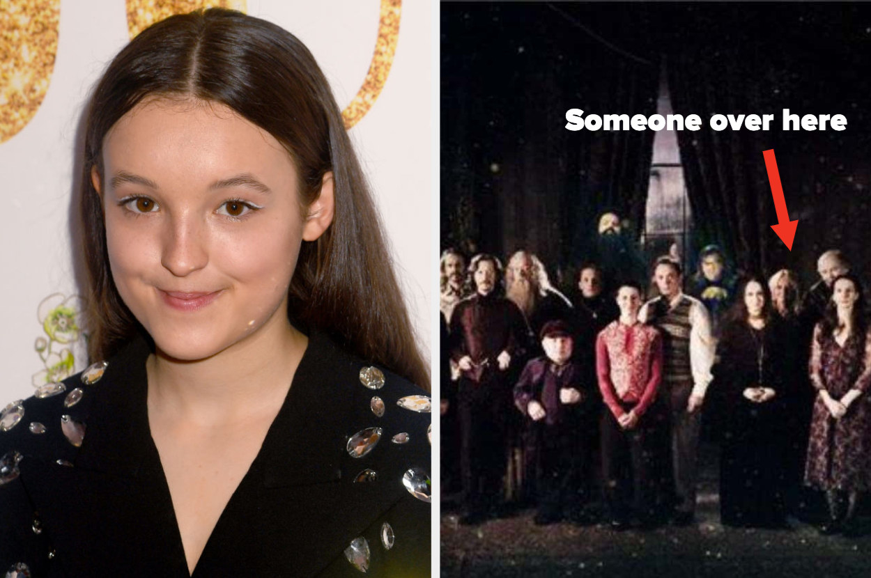 Bella Ramsey side by side with a picture of the original Order of the Phoenix from the harry potter movies