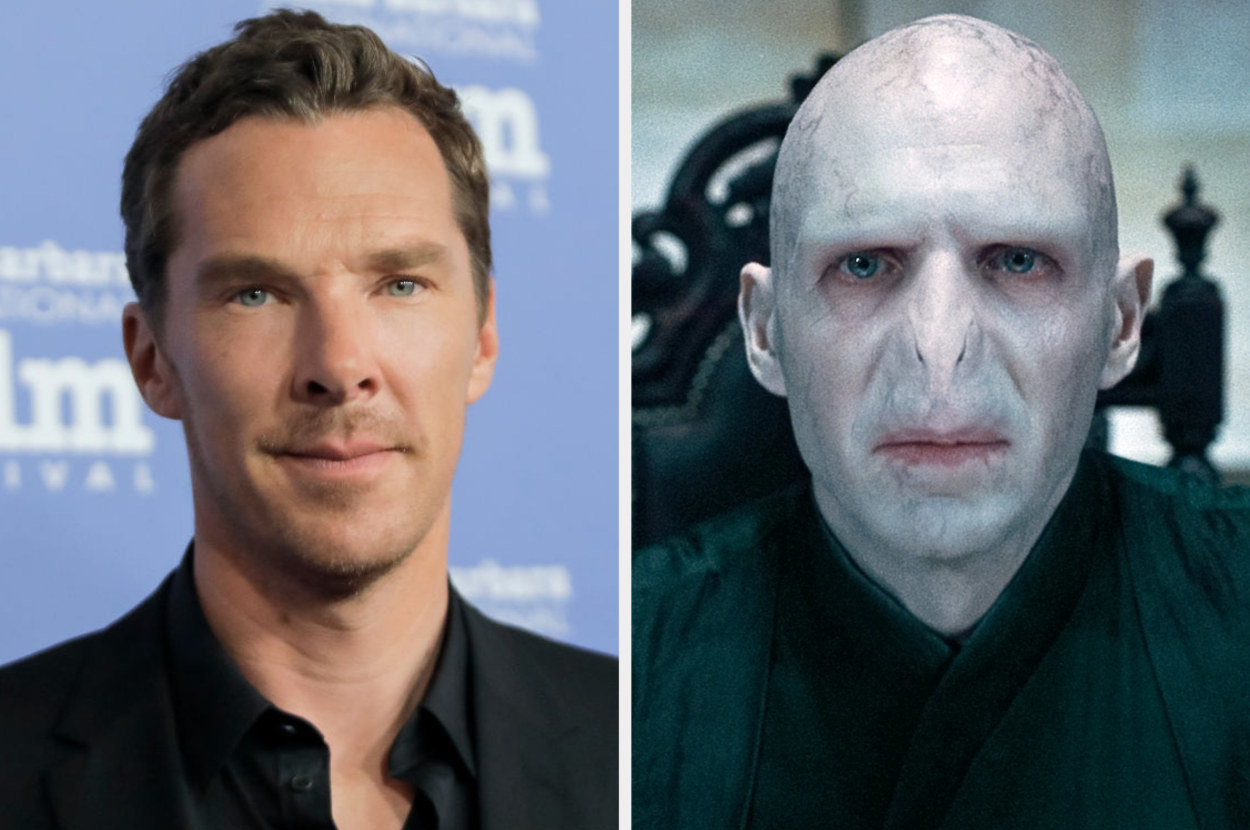 Benedict Cumberbatch side by side with a picture of Voldemort from the harry potter movies
