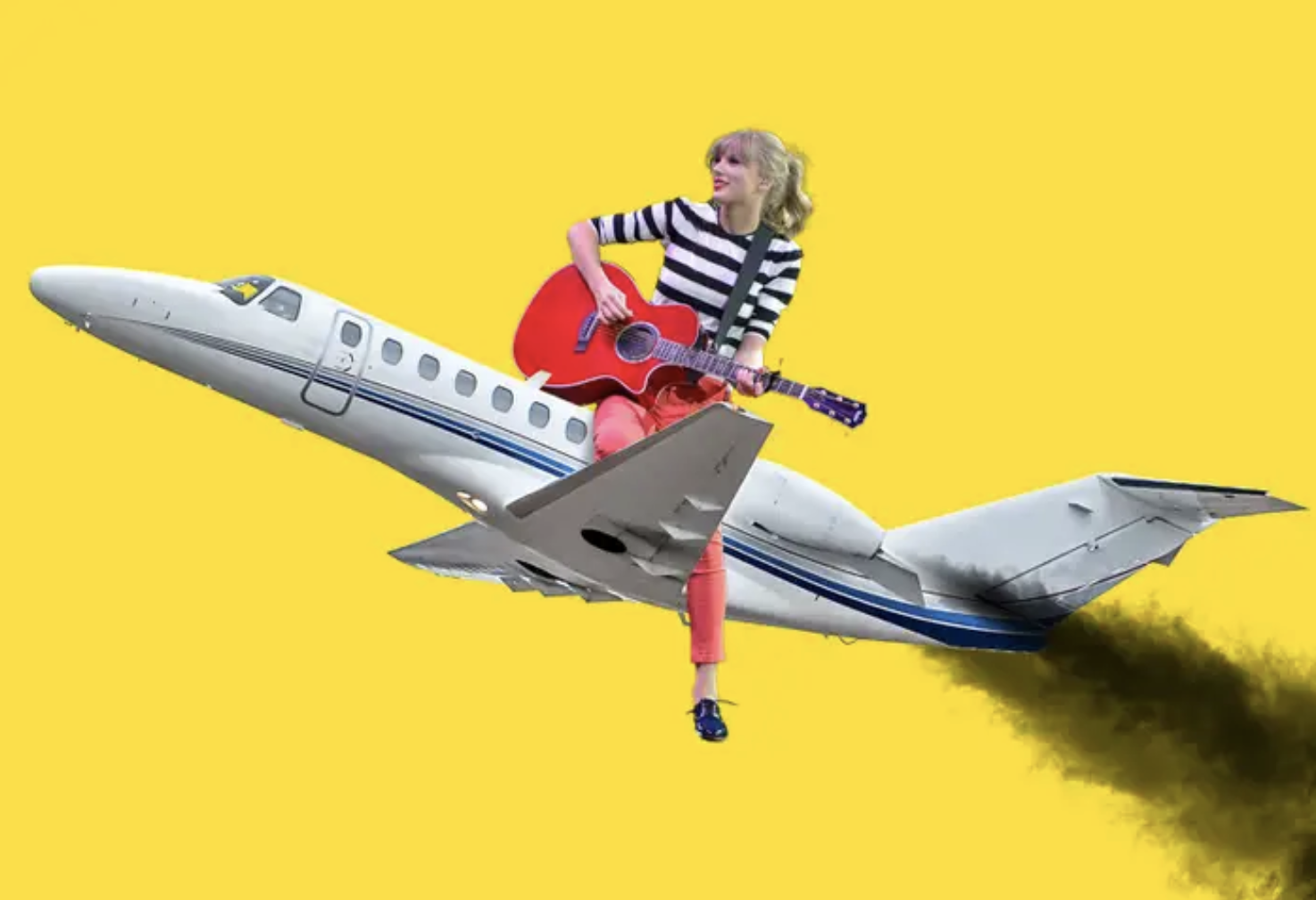 Taylor Swift holding an acoustic guitar sitting on top of a private jet against a yellow backdrop