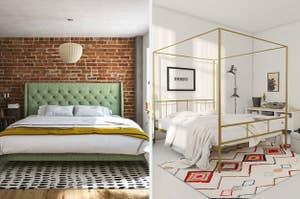 on the left a green bed frame and on the right a gold canopy bed 