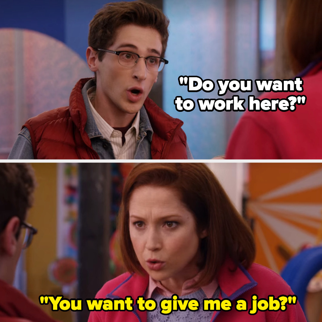 a man asking, &quot;Do you want to work here?&quot; and a woman responding, &quot;You want to give me a job?&quot;