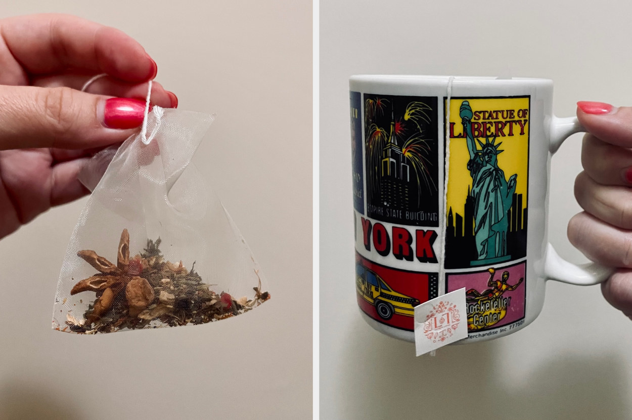A close-up of the tea in a tea bag and then a shot of it in a mug