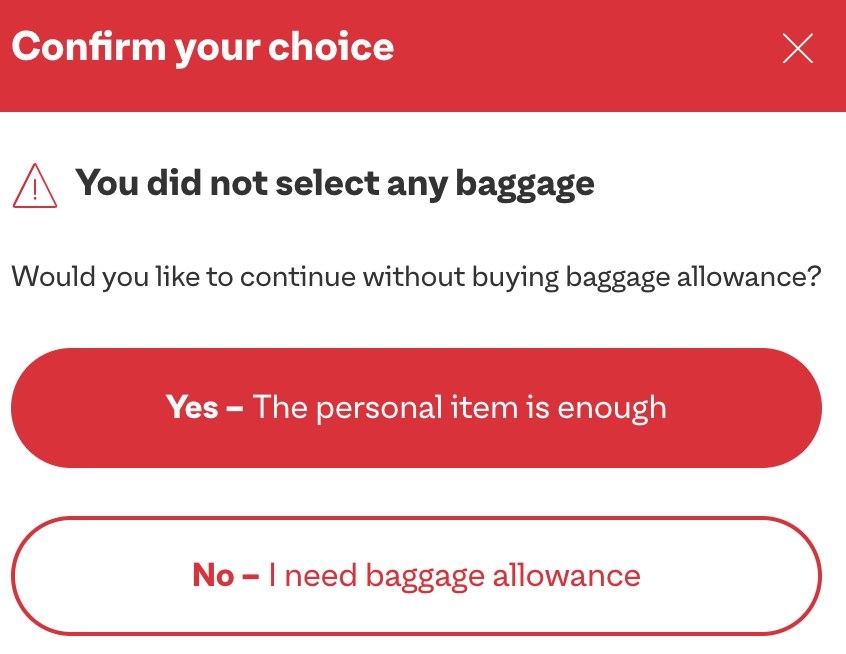 The baggage prompt about baggage allowance