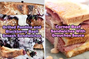 这是一张并排的照片，上面是烤fontina黑莓罗勒碎三明治和加了grouchos酱的咸牛肉三明治