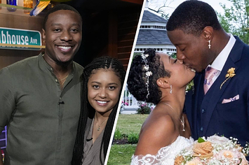 Iyanna McNeely wears an olive top and braids while Jarrette Jones wears a green shirt and gold jewelry. They also share a kiss on their wedding day.
