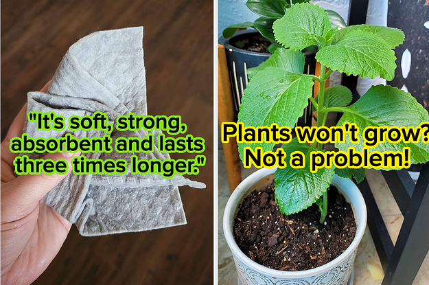 on the left a hand holding a gray swedish dishcloth and text that reads "It's soft, strong, absorbent and lasts three times longer"; on the right a growing plant and text that reads "plant's won't grow? no problem"