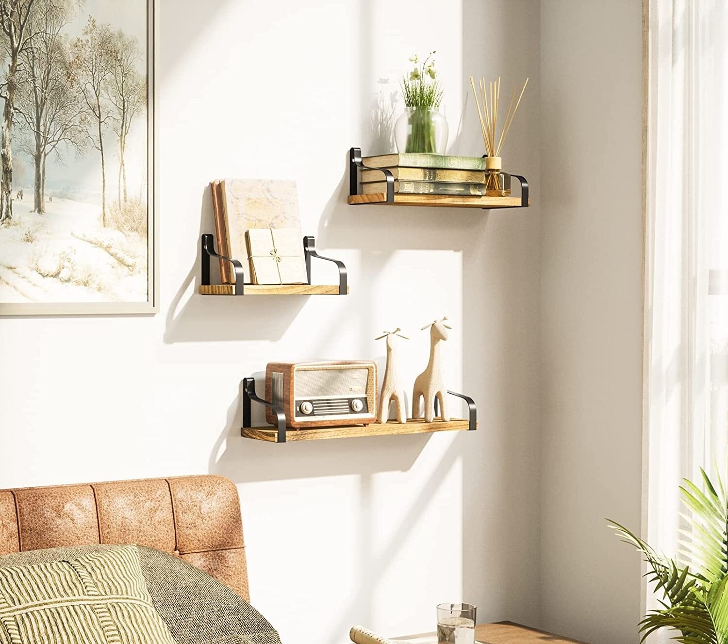 The floating shelves on a bedroom wall
