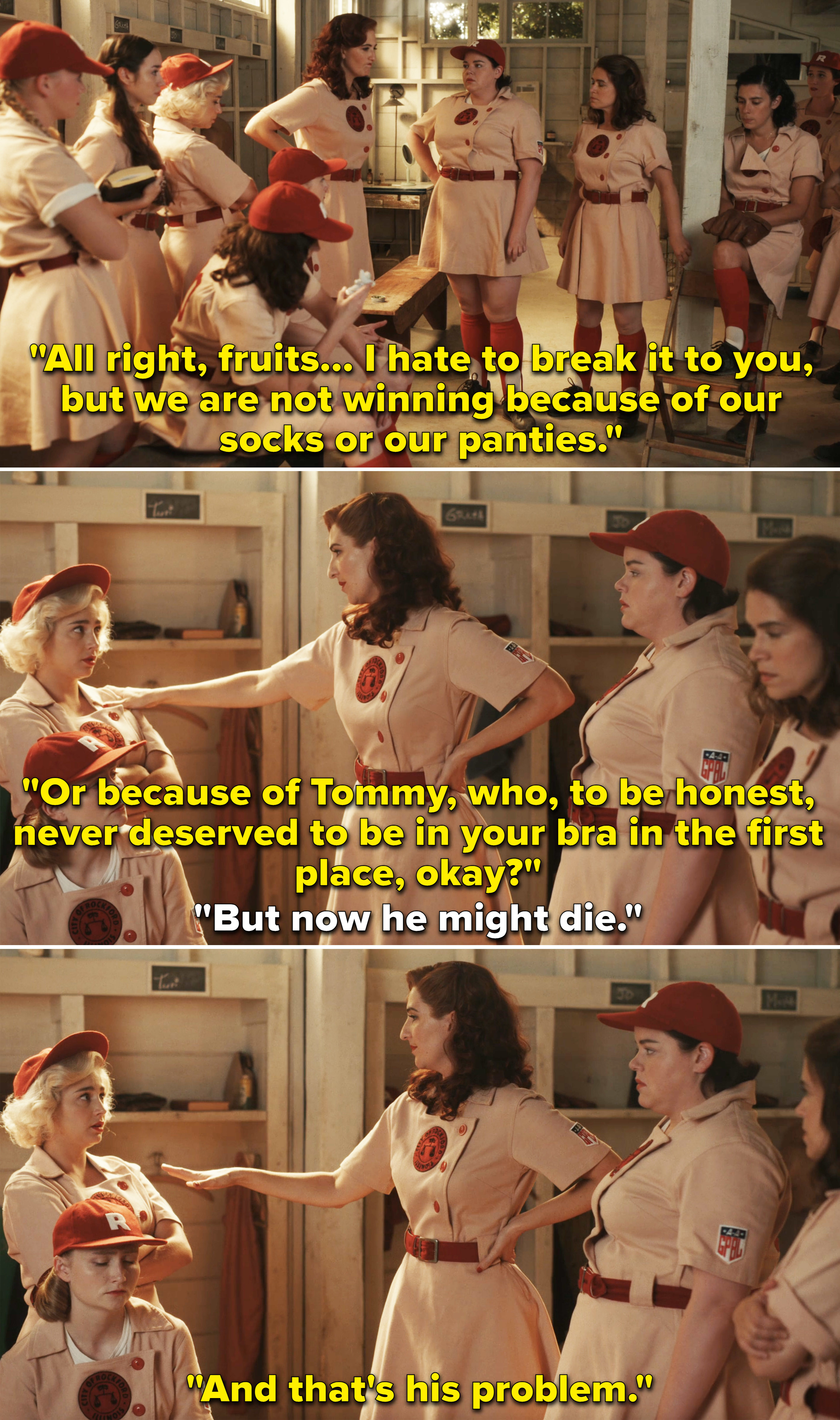 Greta rallying the team in the locker room in a scene from &quot;A League of Their Own&quot;