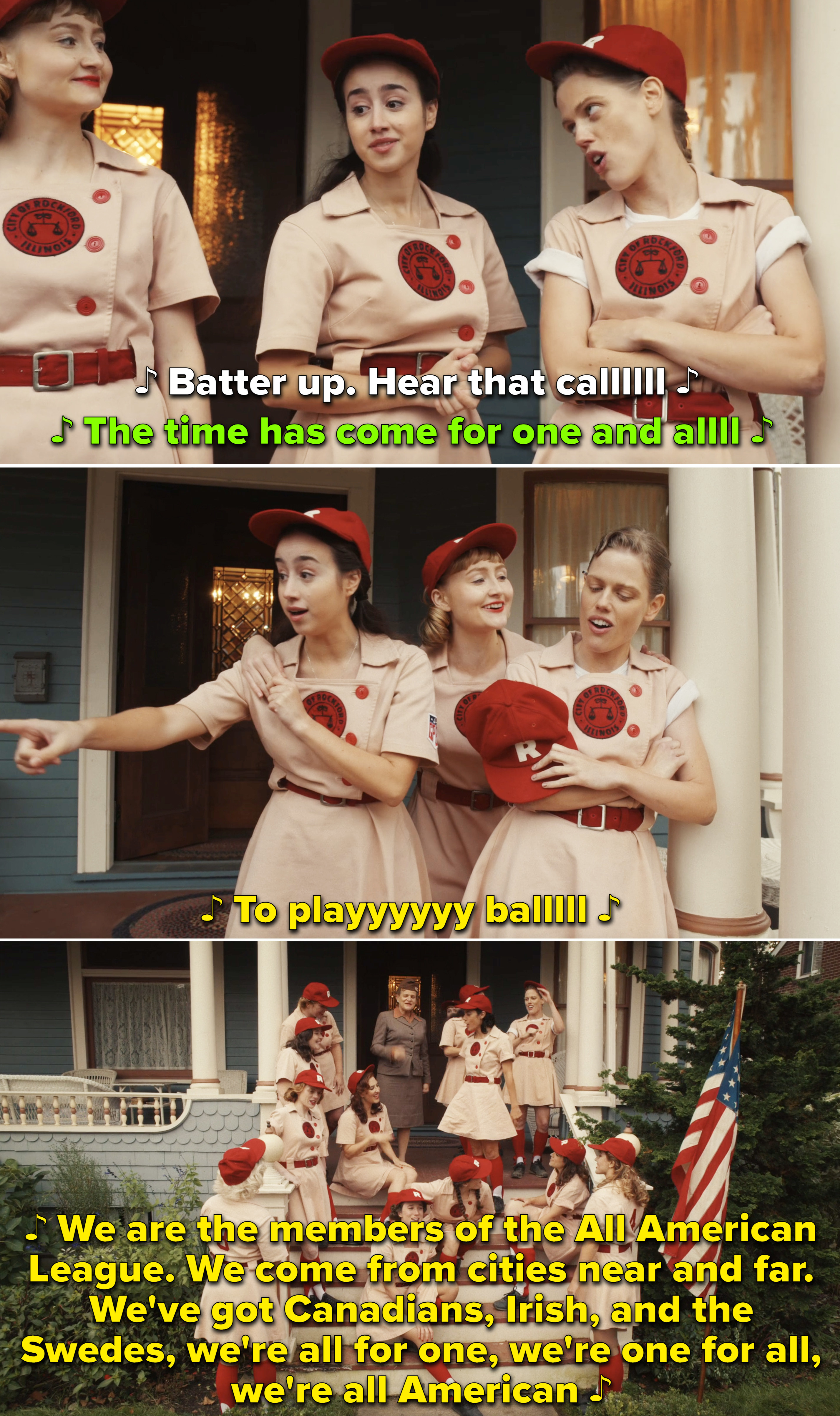 Screen shots of the players gathered and singing Batter Up from &quot;A League of Their Own&quot;