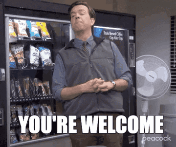 a gif of actor Ed Helms in &quot;The Office&quot; waving his hands and saying &quot;you&#x27;re welcome&quot;