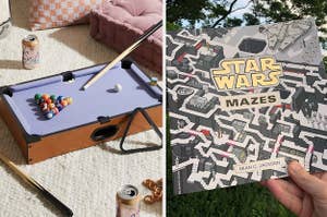 A mini game of pool and a book of Star Wars mazes