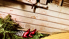 Ruby Slippers disappear on feet crushed underneath a house